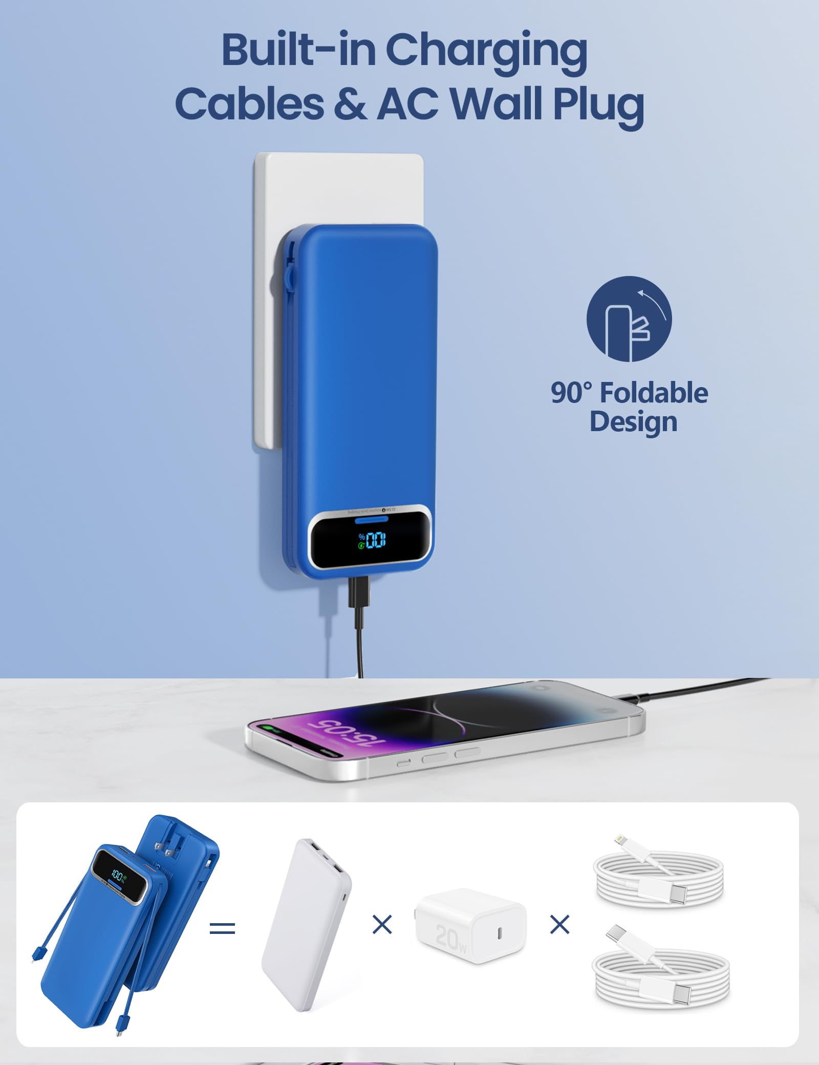 Cargador portátil ligero de 12000 mAh con cables integrados y enchufe de pared de CA, paquete de batería de carga rápida USB-C PD20W, cargador de teléfono externo de viaje con pantalla LED para todos