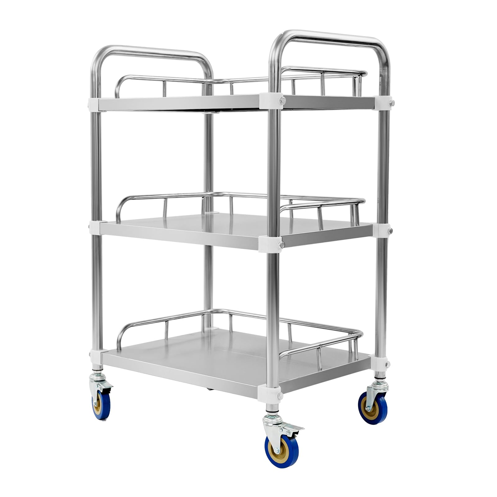 Carro de servicio de laboratorio de acero inoxidable, 3 estantes, carrito de cocina de acero inoxidable con 4 ruedas giratorias, 2 frenos, carrito de laboratorio, carrito de transporte, carrito de