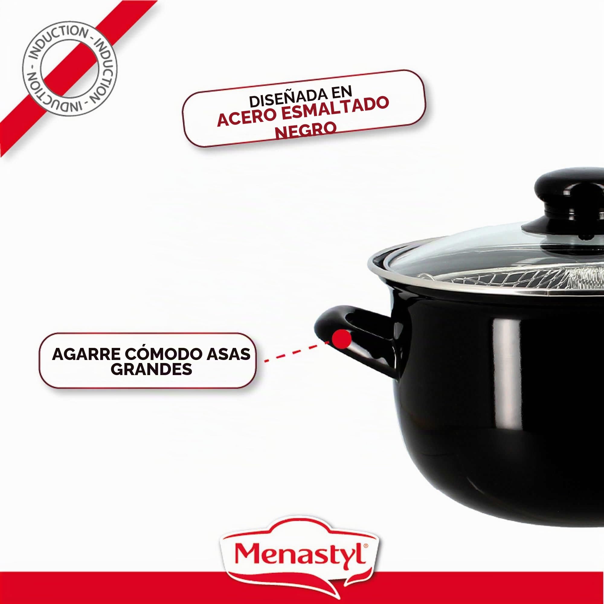 MENASTYL 3645579 - Freidora de 20 cm de acero esmaltado negro y borde cromado, incluye tapa y cesta, para deliciosas patatas fritas caseras