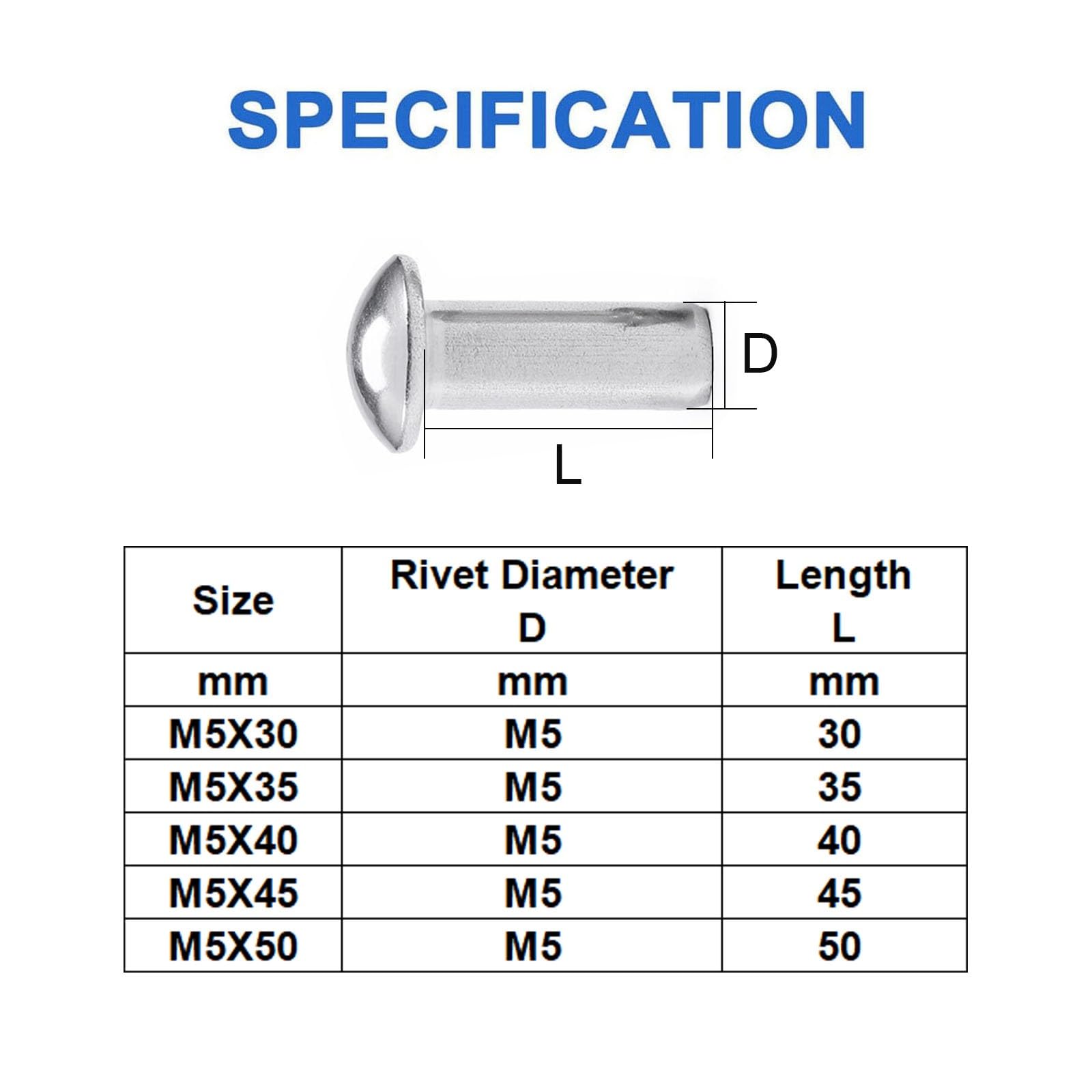 50 Pièces Rivets Massifs M5X45mm, Acier Inox Rivets Solides Tête Bombée