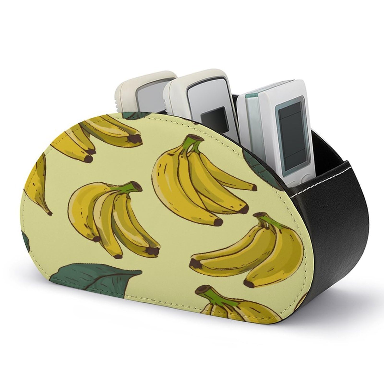 VstaDank Banana Print Remote Control Holder with 5 Compartments PU Leather Remote Caddy Desktop Organizer Store TV Remote Control Storage Box for Home Office Desk Nightstand