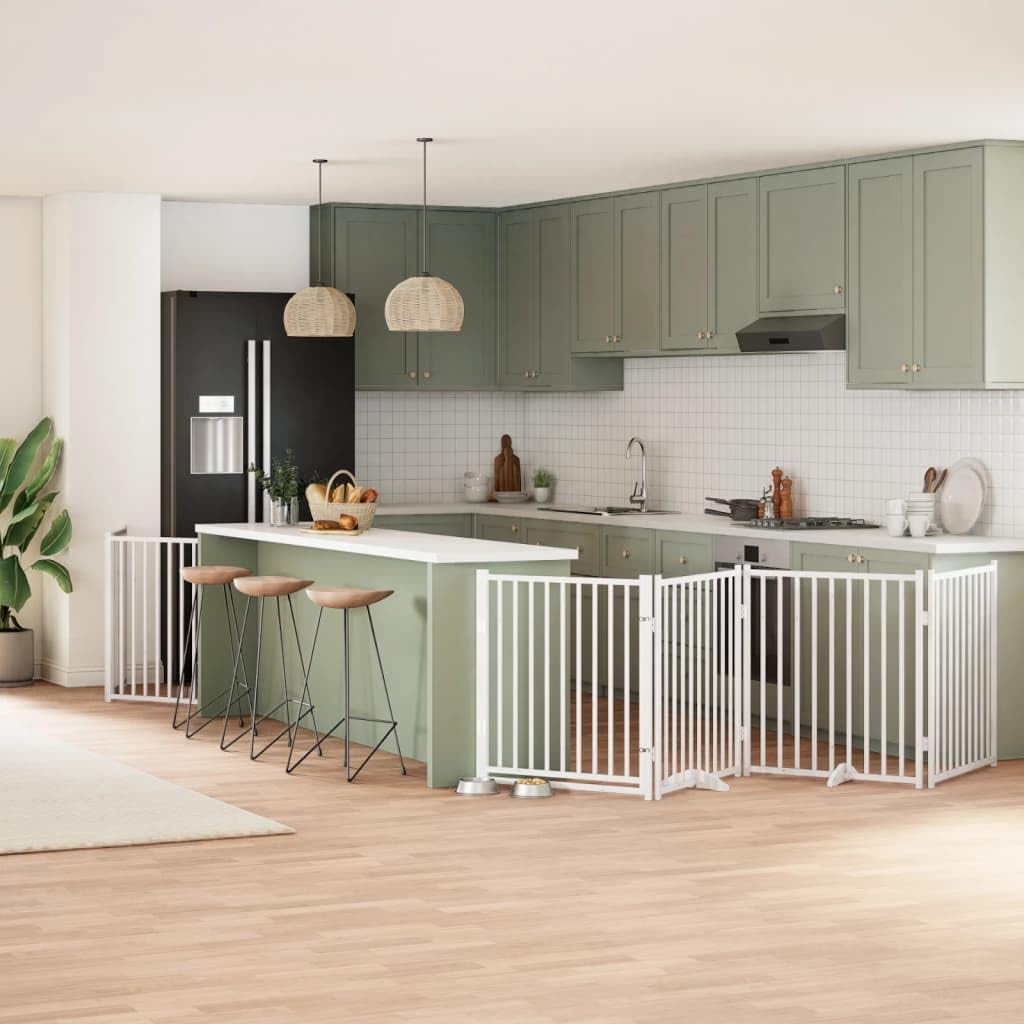 Barrière pour chien pliable en bois blanc à 8 panneaux avec porte intégrée