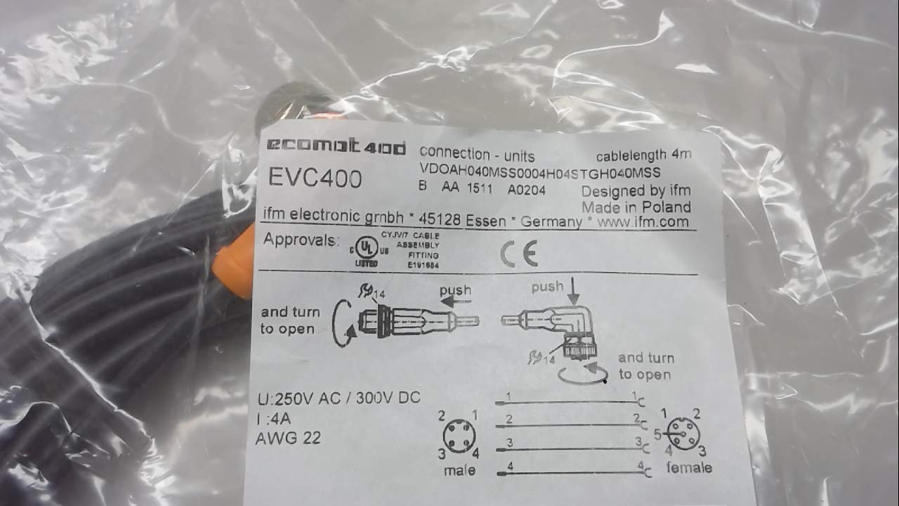 Ifm Evc400, 4 M Connection Cable, 4 Pole Male St/5 Pole Female 90, M12 Evc400