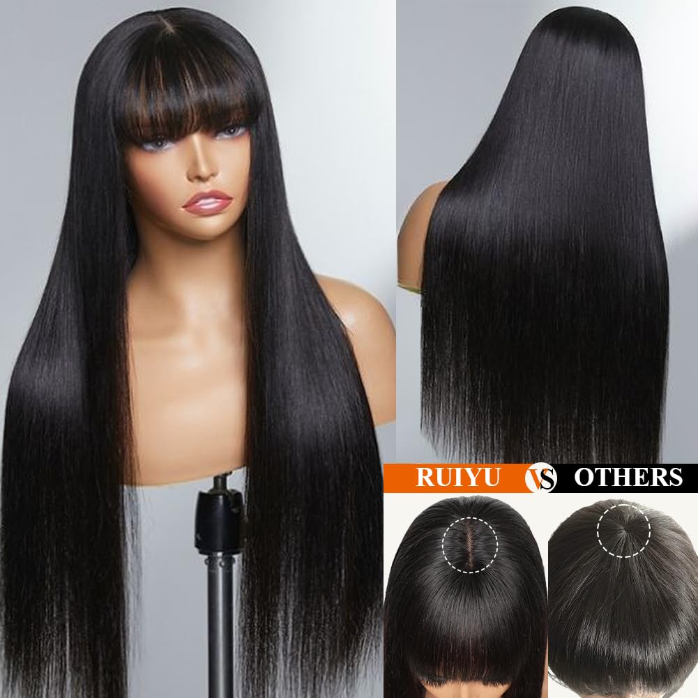 Ruiyu Straight Human Hair Wigs with Bangs 180% Density 2x4 Lace Front Wigs with Bangs Closure Wear and Go Glueless Wigs 100% Brazilian Virgin Human Hair Wigs for Women 16 Inch