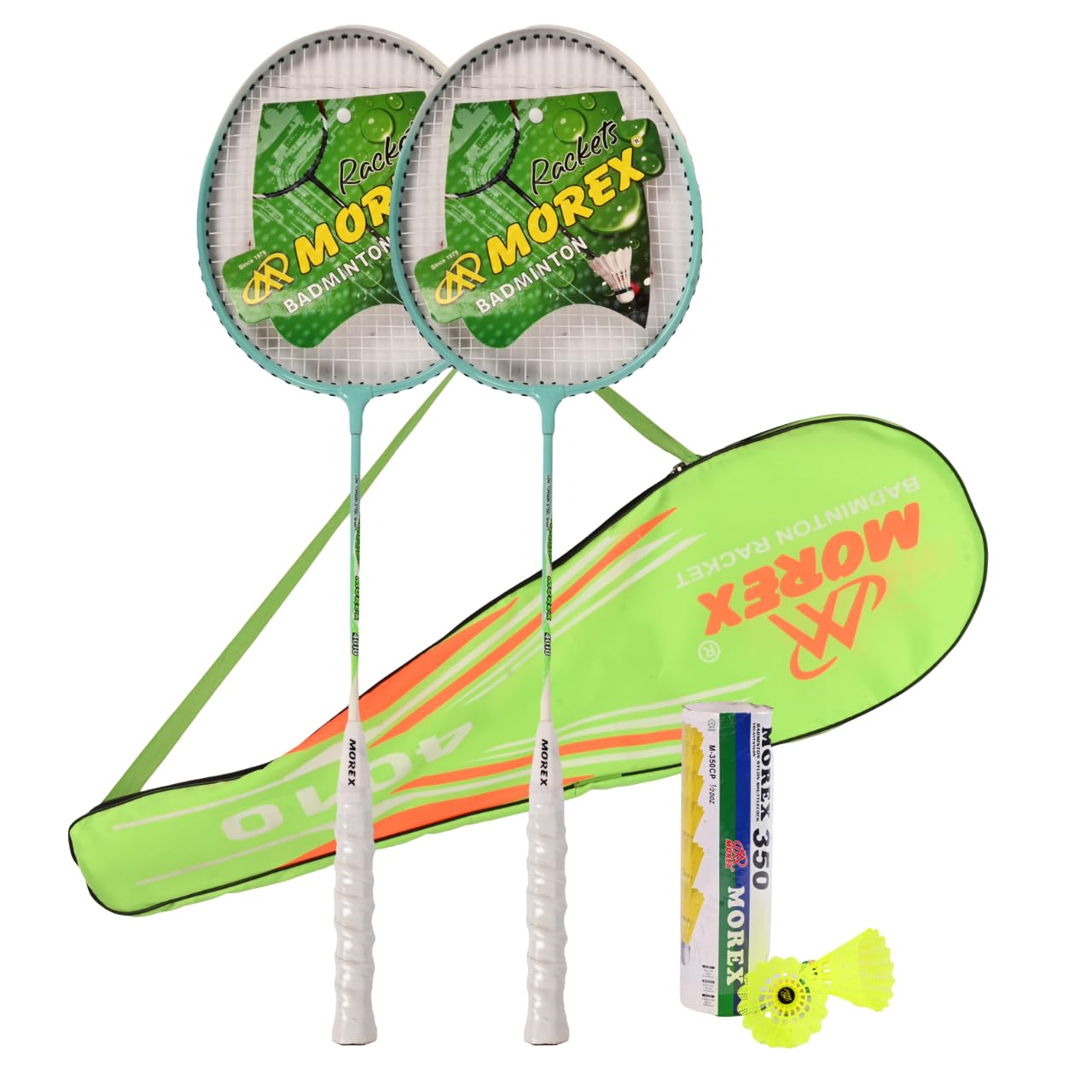 morex aluminium badminton racket [ set of 2 ] with 6 nylon shuttlecocks | lightweight wide body shuttle bats with full cover bag | comfortable grip handle for practice & match play combo pack (aqua)