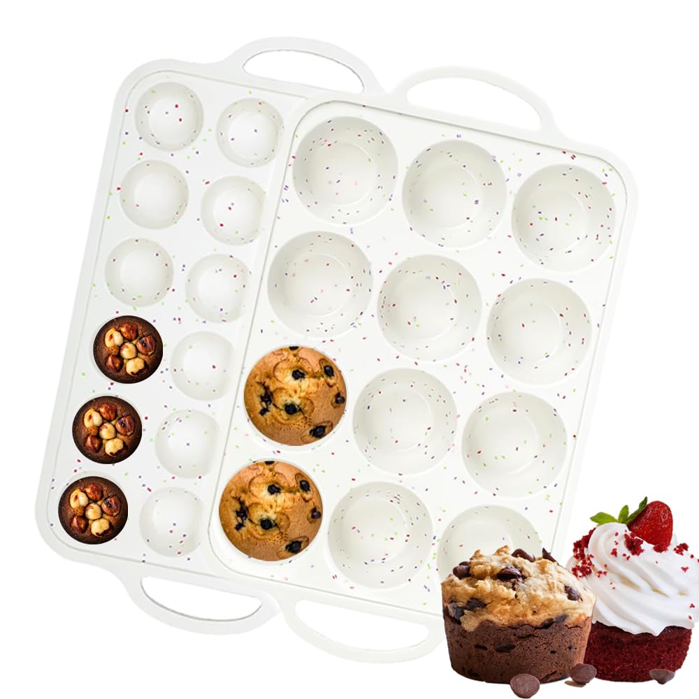 DeamEybi Silicone Muffin Pans for Baking,2Pcs Nonstick Cupcake Pans with Metal Reinforced Frame,12 Cups Muffin Pan and 24 Cups Mini Muffin Pan with Handles for Muffins,Cupcakes