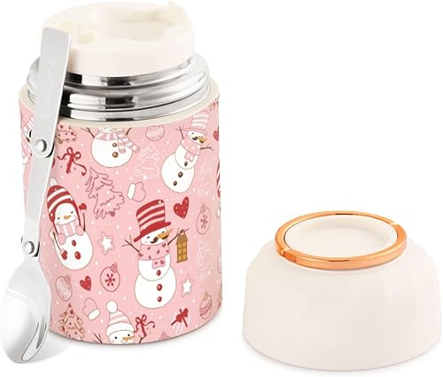 MCHIVER Pink Christmas Snowman Food Jar with Spoon Stainless Steel Vacuum Insulated Food Container 17 oz Food Thermos for Adults