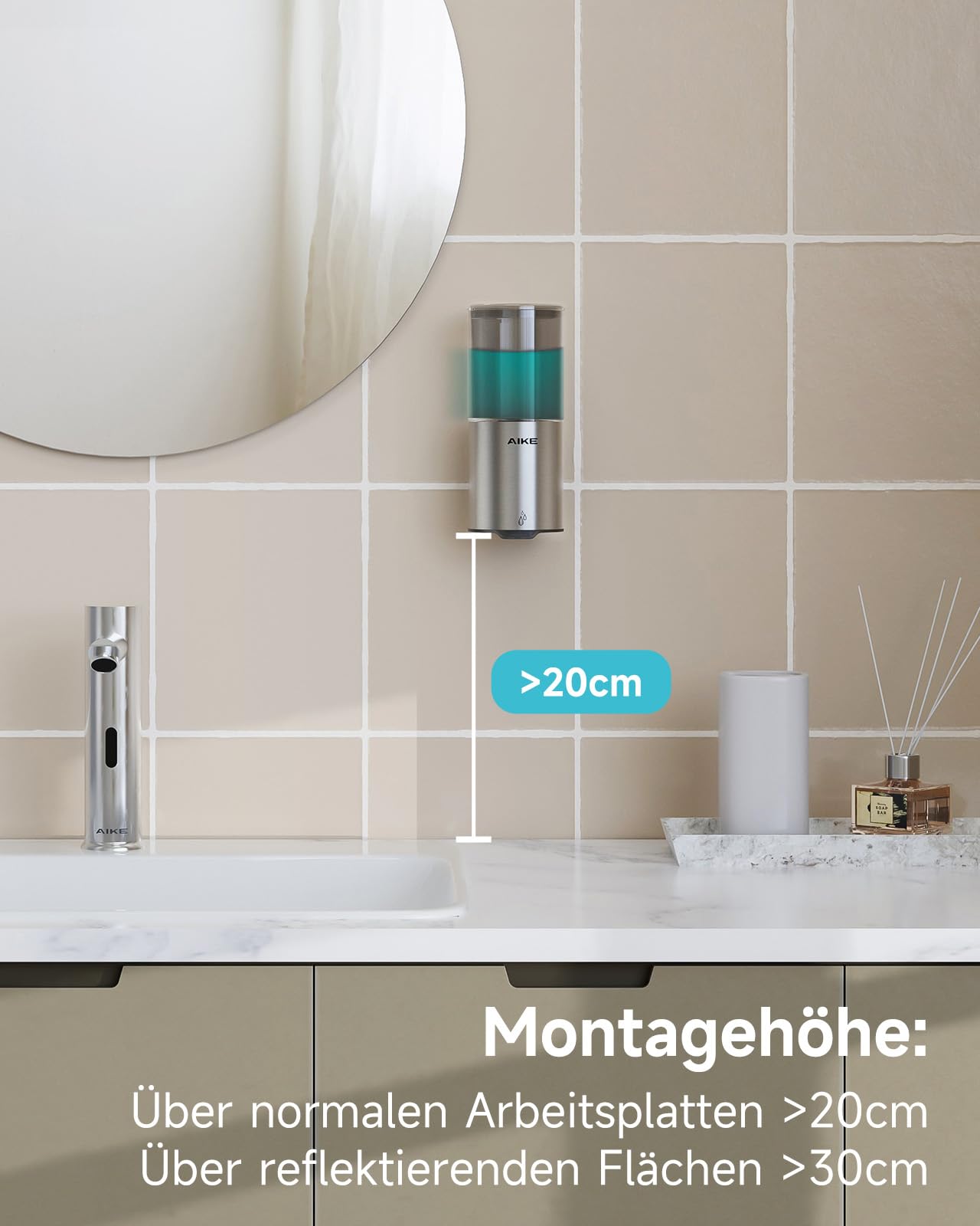 AIKE Automatischer Seifenspender für Flüssigseife, Wandmontage für Küche und Badezimmer, IPX7 Wasserdicht 400ml mit Edelstahl Gebürstetes