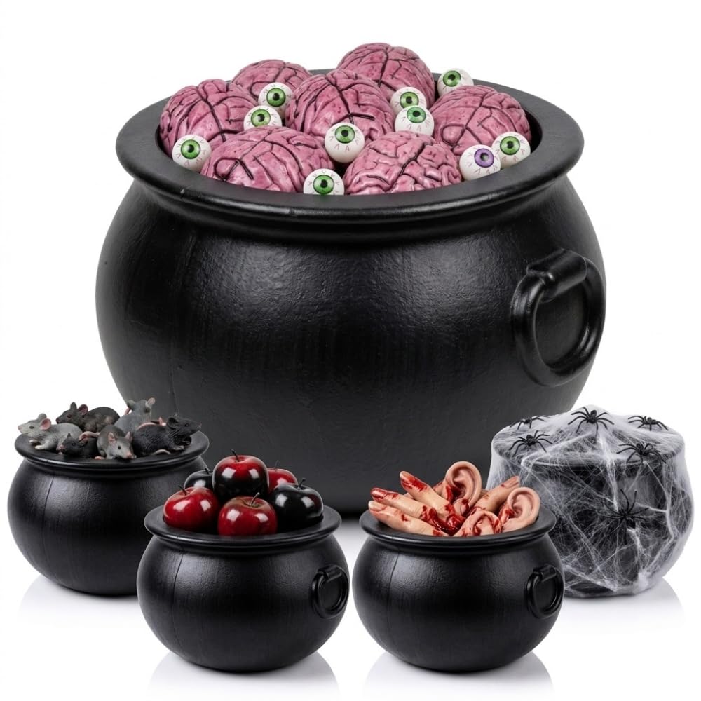 PMU 5 Pcs Halloween Large Cauldron Multipack Assortment (1) 22in and (4) 10in Trick or Treat Blow Mold Black Plastic Cauldron for Home Decoration and Halloween Party Favors