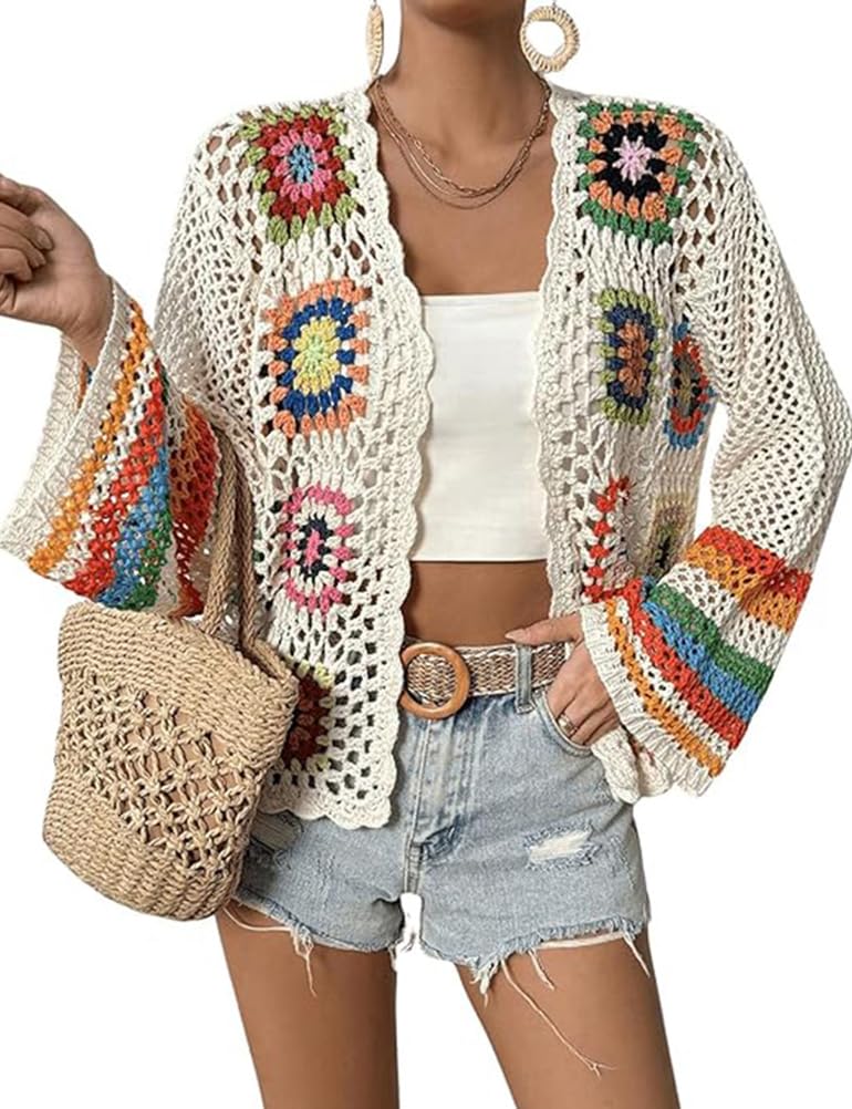 Kinghua Floral Crochet Cardigans for Women Trendy Spring Summer Hollow Out Open Front Boho Cardigan Sweater Tops