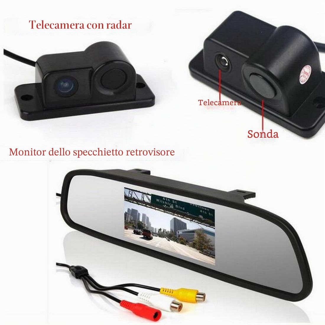 4.3"Monitor di parcheggio per specchietto retrovisore Auto + Sensori di parcheggio Video con Telecamera per retromarcia