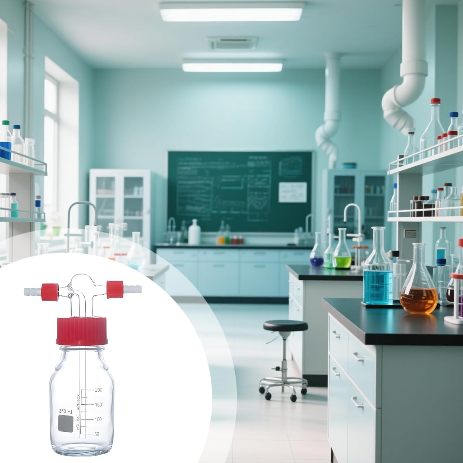 Lab Pressure Bottle, 8.45 Oz (250Ml) Glass Wash Bottle, Red Pp Cap, Dual Tube Ports, Easy Graduations, High Borosilicate Glass