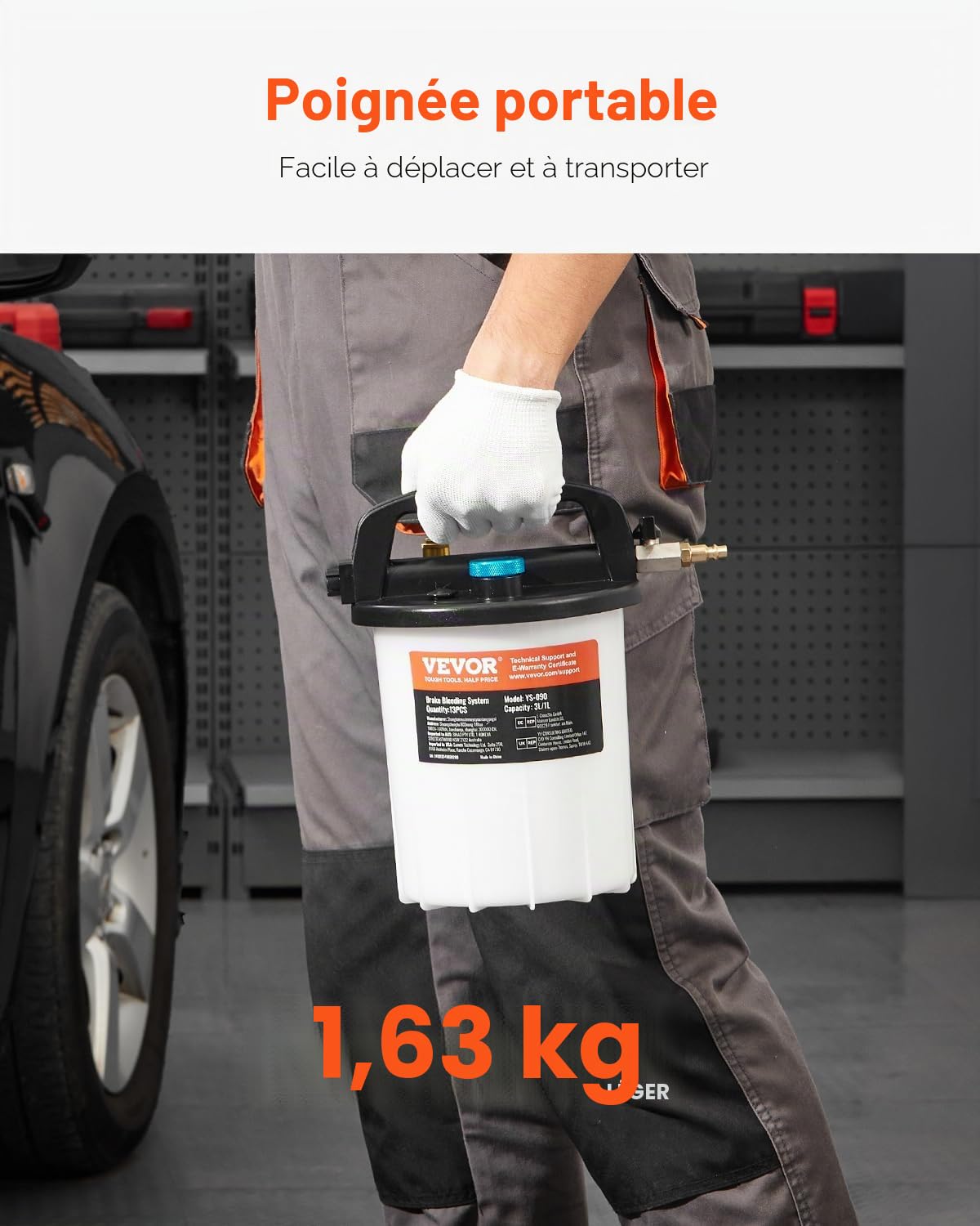 VEVOR Kit purge de frein 3 L, extracteur de liquide de frein avec bouteille de remplissage de siphon de 1 L, 13 connecteurs de tuyau, tuyau en silicone étendu et poignée, pour la plupart des véhicules