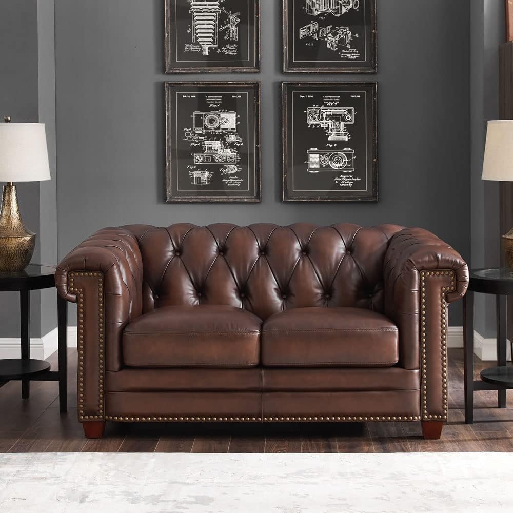 Hydeline Stanwood Top Grain Leather Loveseat, Caramel Brown