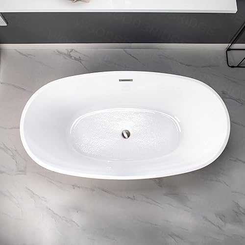 Miniatura 10 de WOODBRIDGE Bañera de acrílico independiente de 59 pulgadas con desbordamiento y drenaje de bronce aceitado, color blanco