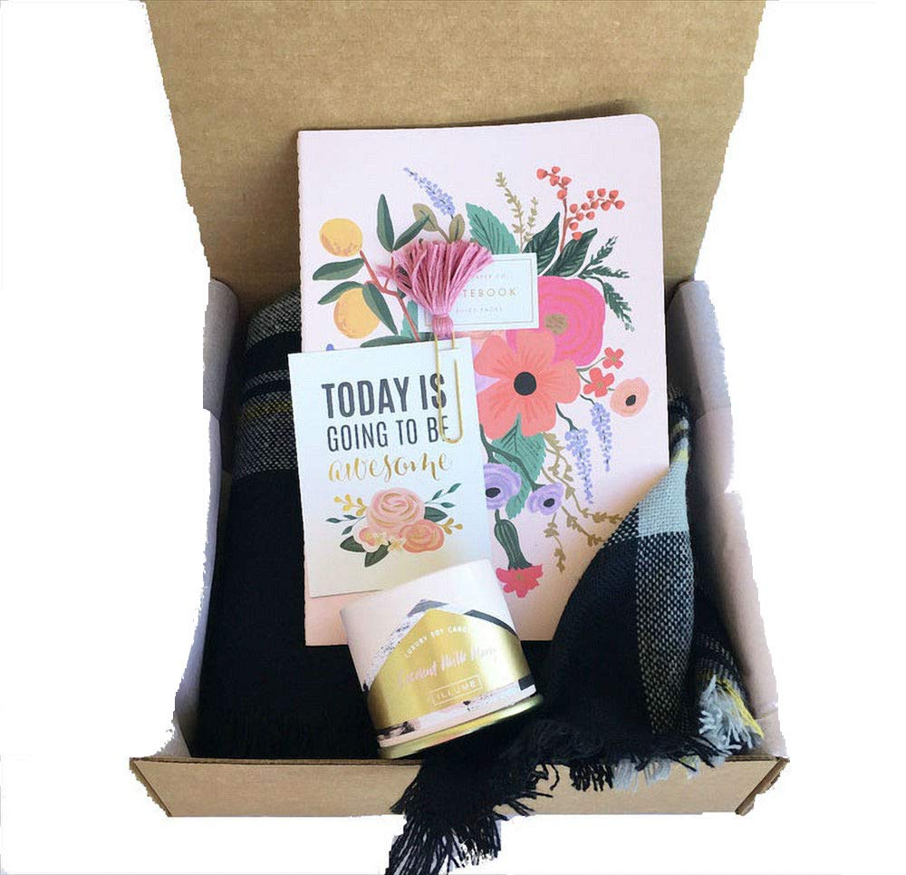 Blush Gift Box w/Scarf, Candle, Notebook & Planner Accessory for Friend, Mom, Daughter, Aunt, Grandma or Any Women! Birthdays, Valentine's, Mother's Day or Any Occasion (Black/White)