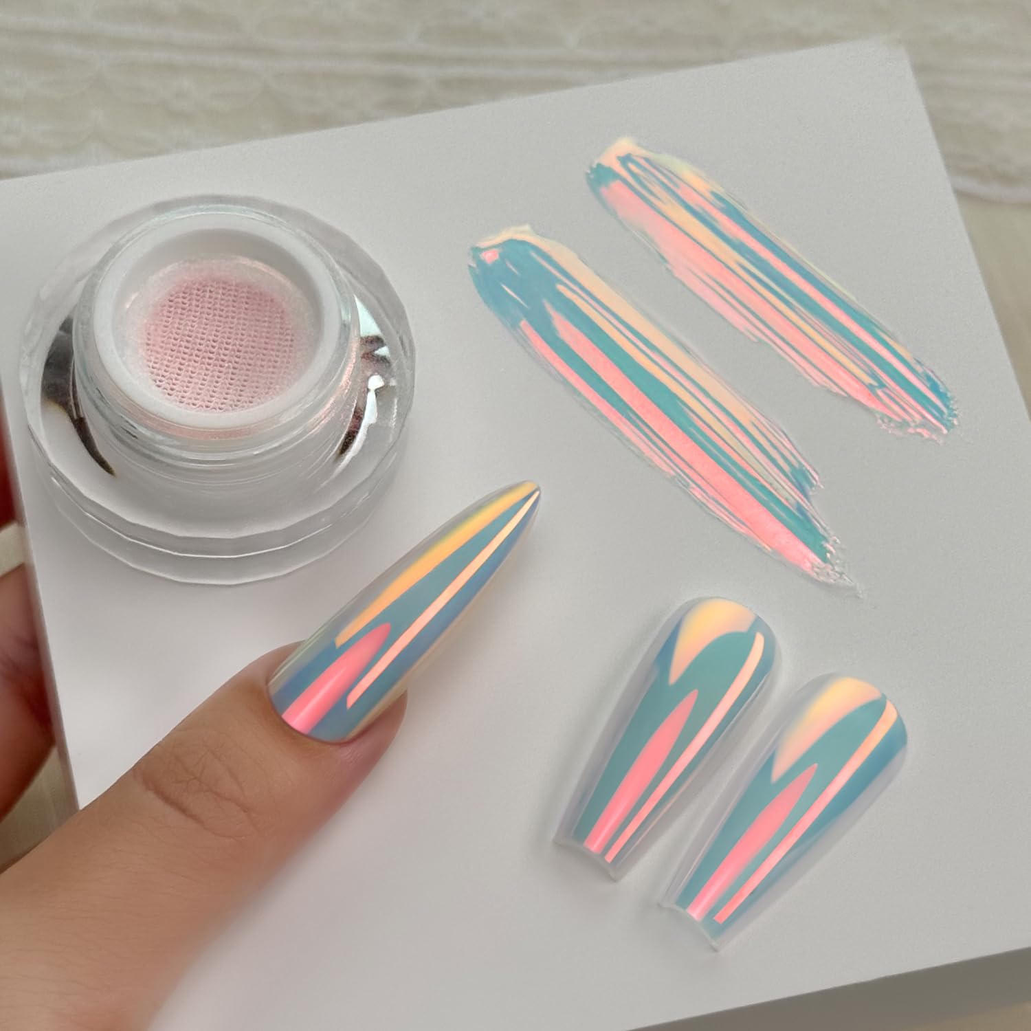 YOKEFELLOW GleamTap Cushion Aurora Chrome Nagellackpulver – Meerjungfrau-Aurora-Effekt, Glitzer-Dekoration für die Nagelkunst (GT112 Golden Hour/Violettblau mit hellorangefarbenem Schimmer)