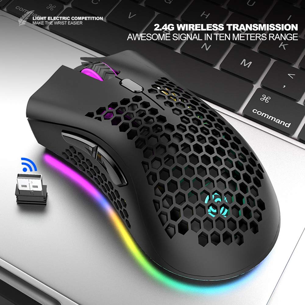 Mouse da gioco wireless da 2,4 GHz 7 pulsanti 1600 DPI regolabile retroilluminazione RGB mouse ricaricabile leggero guscio a nido d'ape mouse gamer rosa
