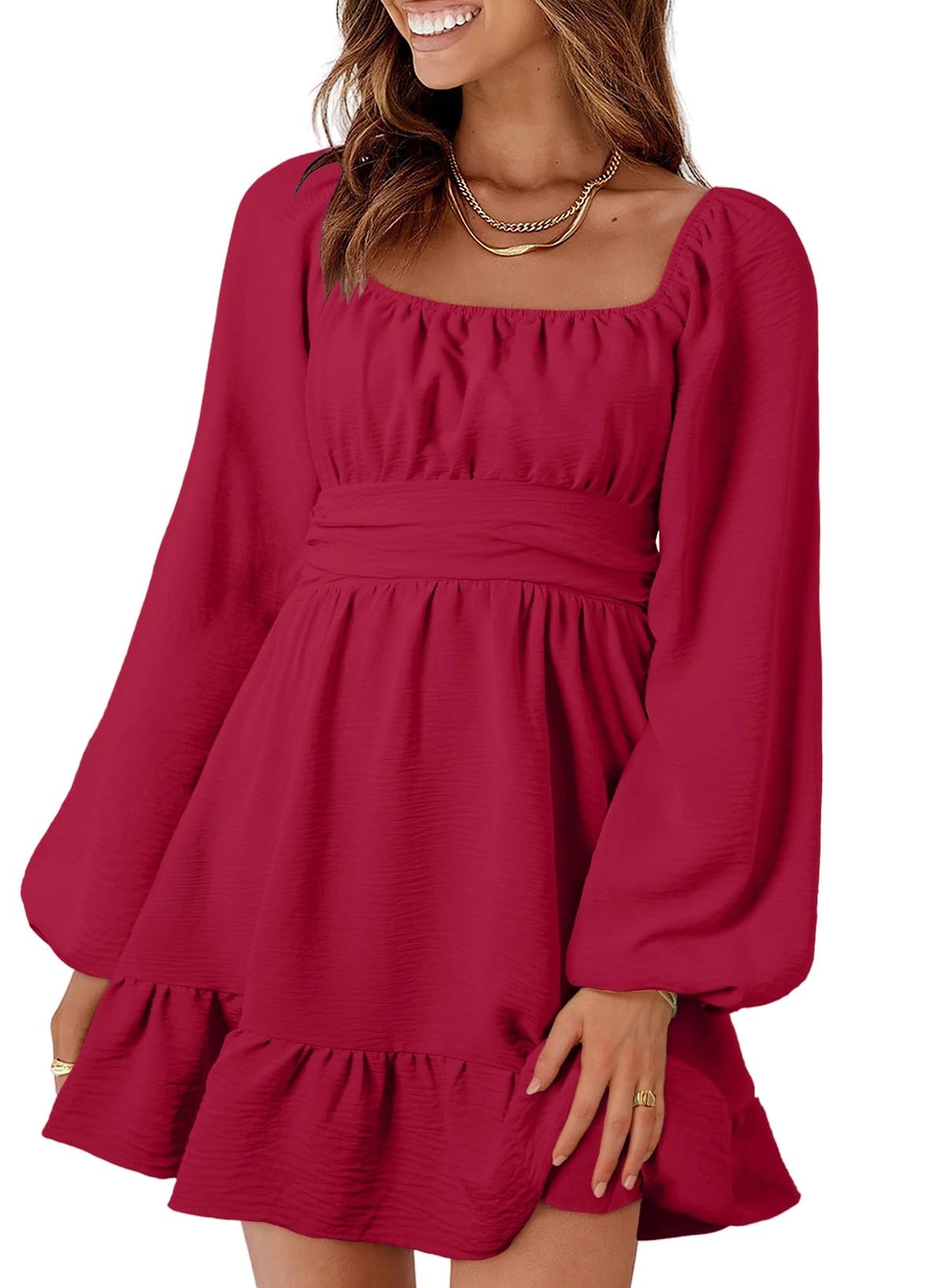 Dokotoo Womens Dress Long Lantern Sleeve Square Neck Tie Backless Sexy Dress Ruffle Elastic Waist A-Line Mini Dress