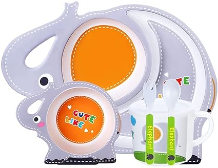 Alokik Enterprise 5 Piece Mealtime Bamboo Dinnerware for Baby Kids-Toddler, Set of Plate-Bowl Cup and Spoon-Baby Feeding Utensils for Kids, Eco Friendly and Dishwasher Safe, Great Gift for Birthday