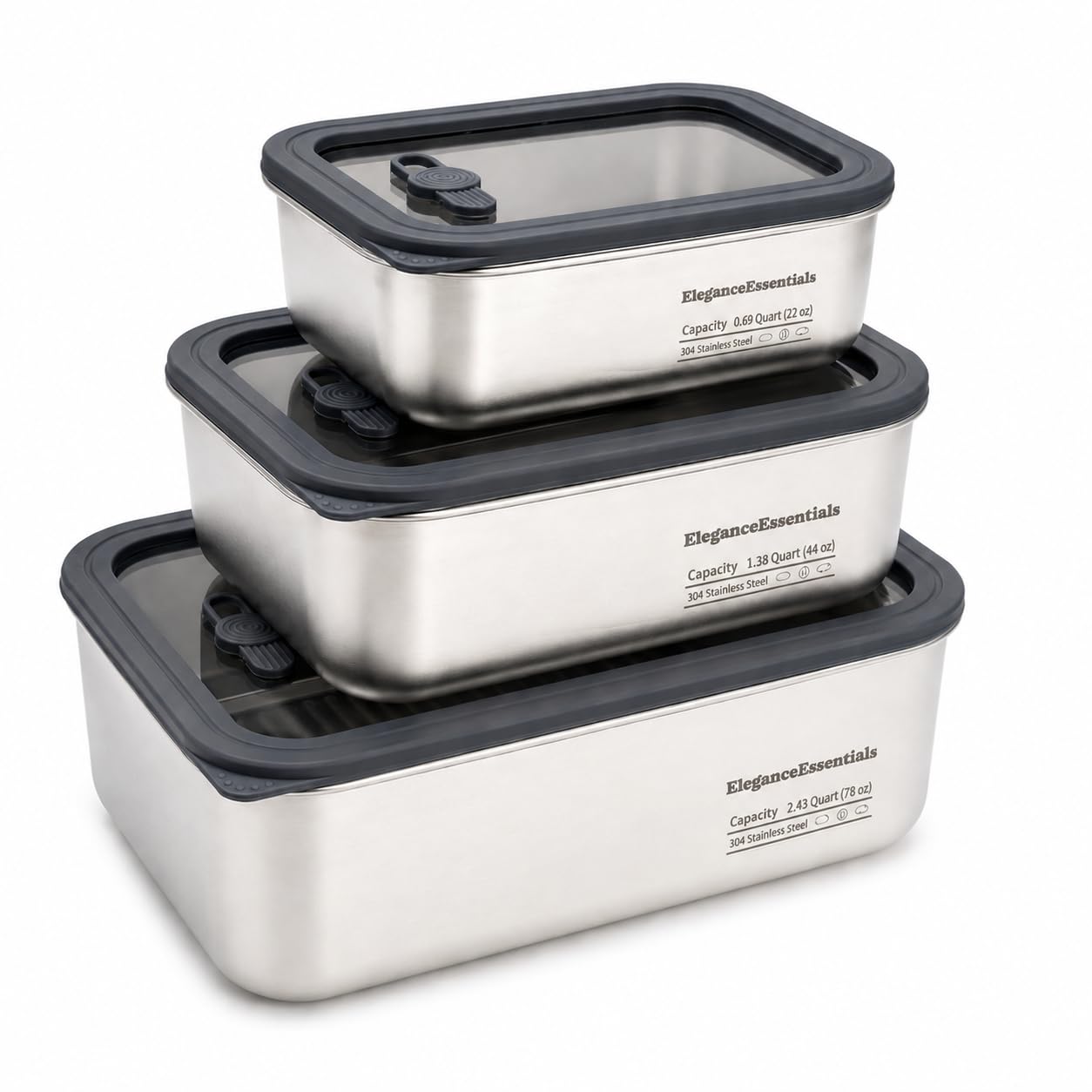 Edelstahl-Frischhaltedosen mit Deckel, 3 Stück (625 ml + 1247 ml + 2,2 l), luftdicht, auslaufsicher, 304 Metall, Mahlzeiten-Vorbereitungsbehälter, Bento-Lunchbox, gefrier- und