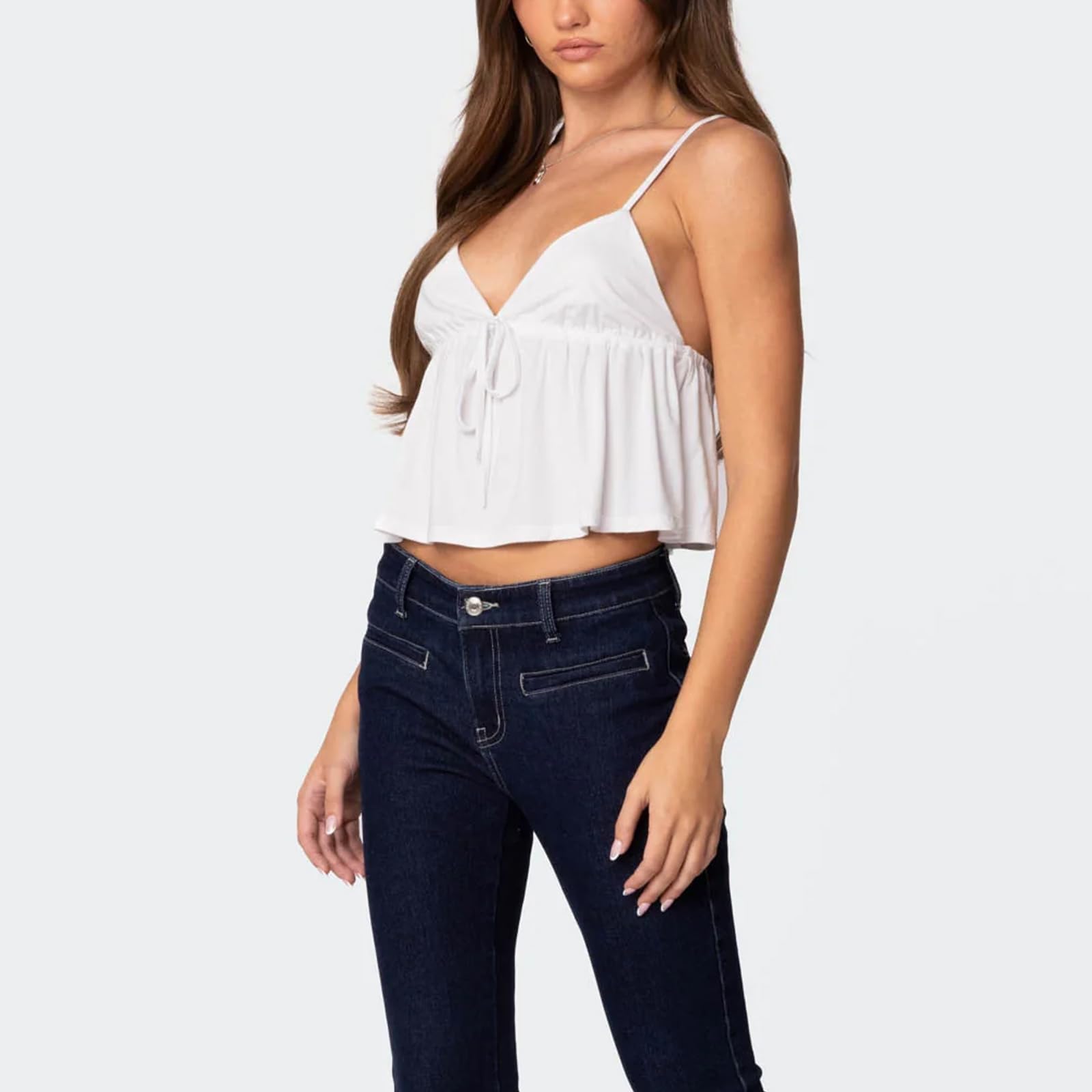 GXNRHG Canottiera Babydoll in Pizzo da Donna Canotta con Cinturino per Spaghetti Scollo a V Volant Peplo Flowy Cami Backless Sexy per Uscire Crop Top Party Streetwear