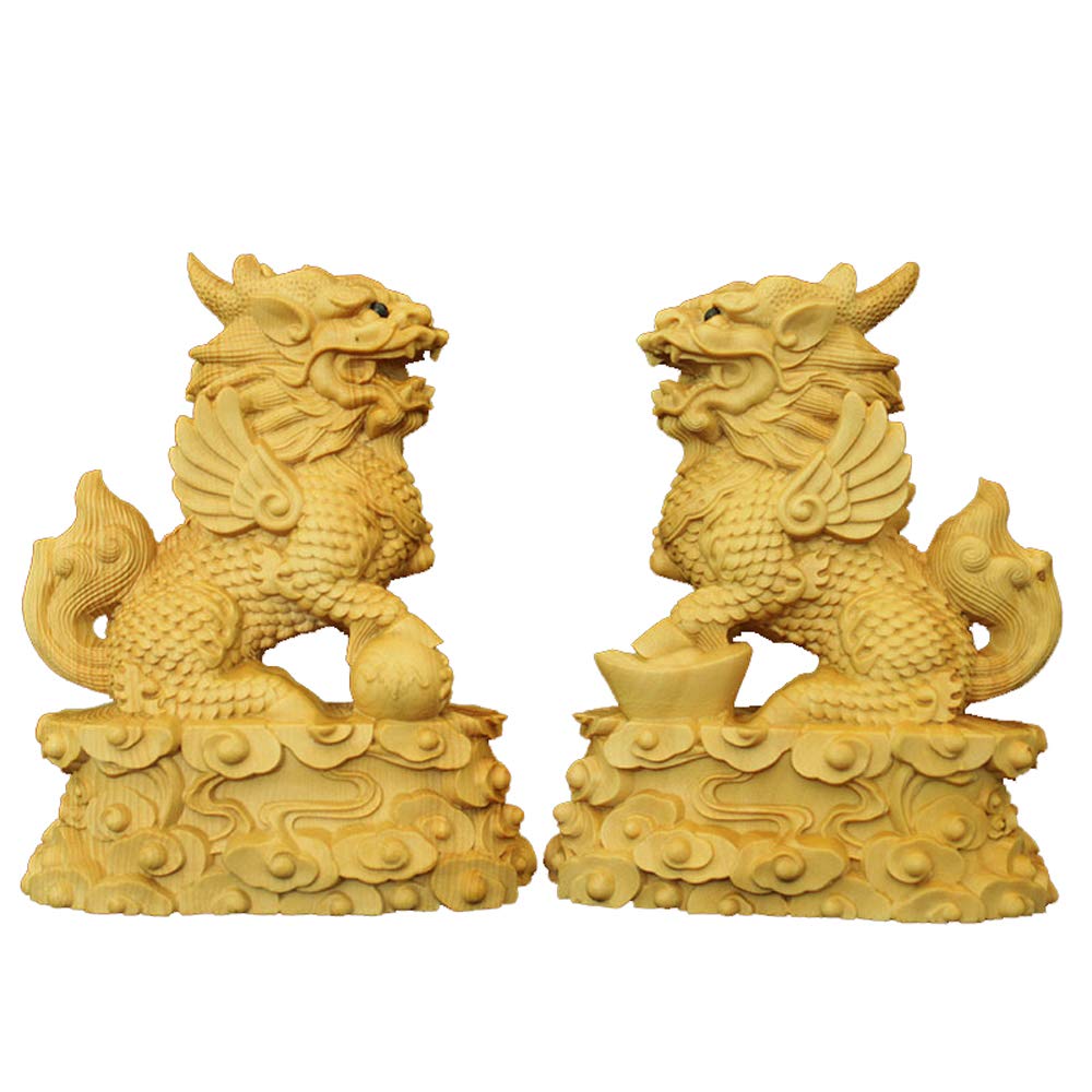 A Pair of Chinese Feng Shui Qi Lin/Chi Lin Kylin Statues Attract Wealth And Good Luck Wooden Decor Prosperity Figurine Home And Office Business Gifts