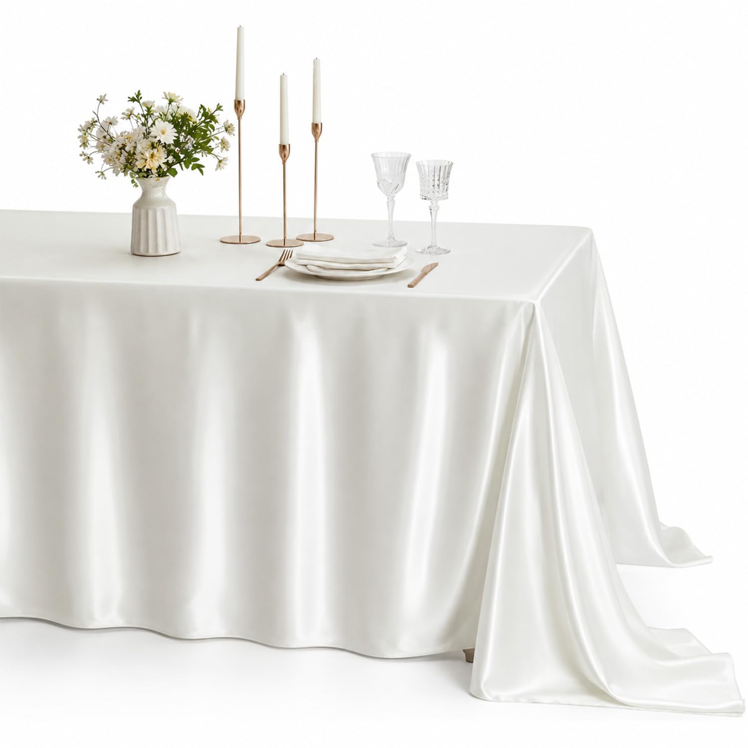 Srumvoat White Table Cloth, 140x200cm Luxury Satin Texture, Quality Polyester Fabric Reusable Tablecloth, Rectangle Dining Table Cover for Wedding Banquet Party Events (White, 55x79inch)