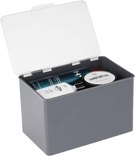 mDesign Storage Box with Lid for Kitchen, Pantry or Office  Stackable Storage Box Made of BPA-Free Plastic  Compact Plastic Box for Household Items  18 cm x 27.2 cm x 16.5 cm  Charcoal Grey/Clear