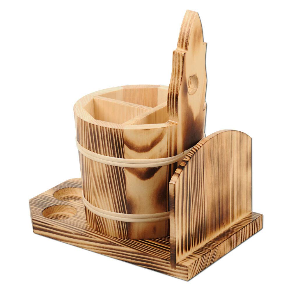 Besteckfass mit Menagenhalter und Kartenhalter 26 cm Geflammt aus Holz