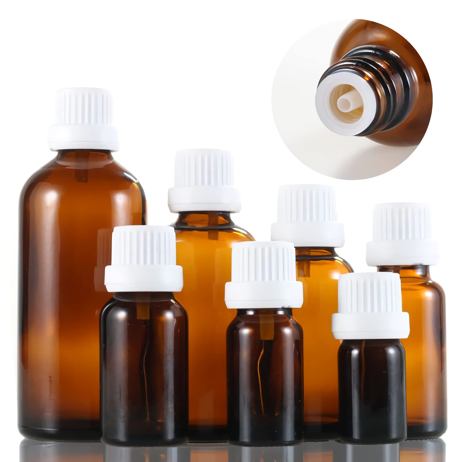 24 Pezzi Bottiglietta di Vetro per Oli Essenziali da 10 ml Ambra Marrone Bottiglia con Tappo di Sicurezza Bianco con Contagocce Interno a Caduta, Contenitori di Aromaterapia