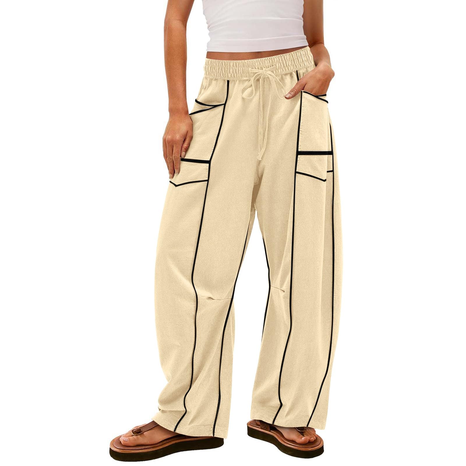 Barrel Pants Women Casual Cargo Wide Leg Baggy Sweatpants Drawstring High Waisted Lounge Palazzo Pants with Pockets