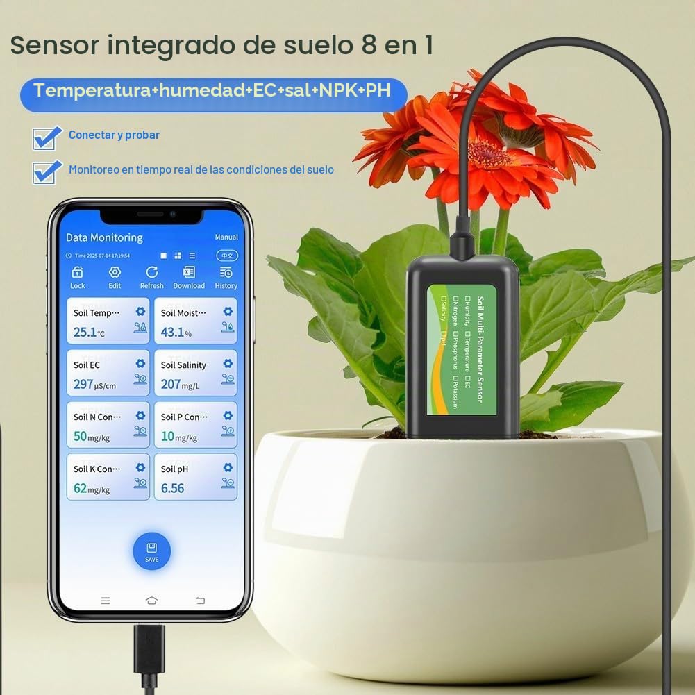 Sensor de suelo USB 8 en 1, pequeño medidor digital de nutrientes NPK de temperatura de humedad del suelo con sonda impermeable para Android para agricultura