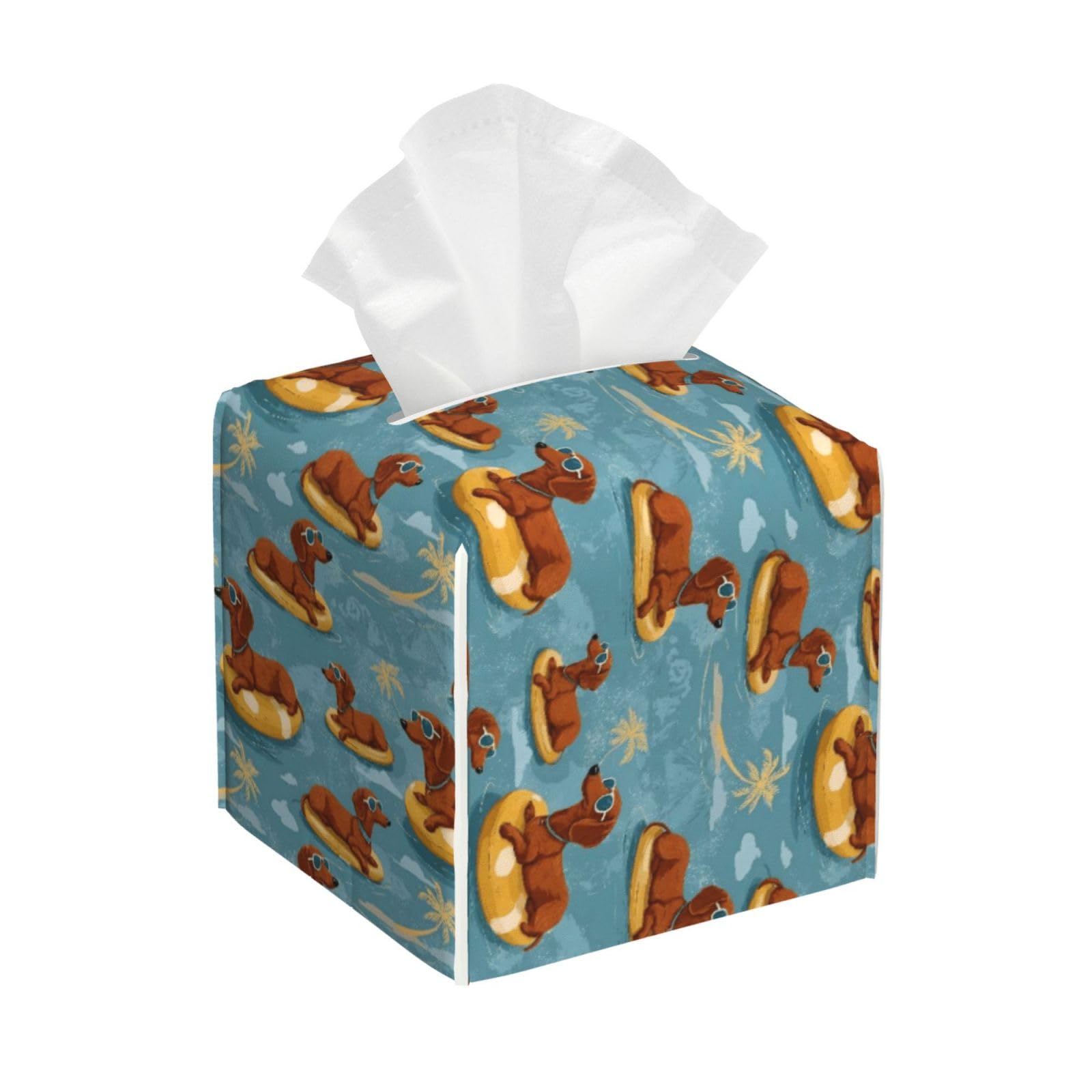 Sunny Dachshund Pool Print Tissue Box Cover Holder Square, Foldable Modern Cube Tissue Box Cover, Leather Decorative Organizer for Tabletop Bathroom Car Office Desk Decor
