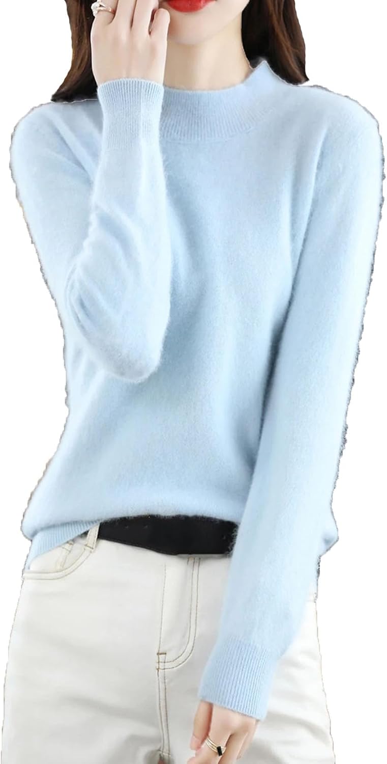 Women's 100% Wool Knit Sweater Mock Neck Solid Color Long Sleeve Fuzzy Top Winter Soft Warm Pullover Jumper