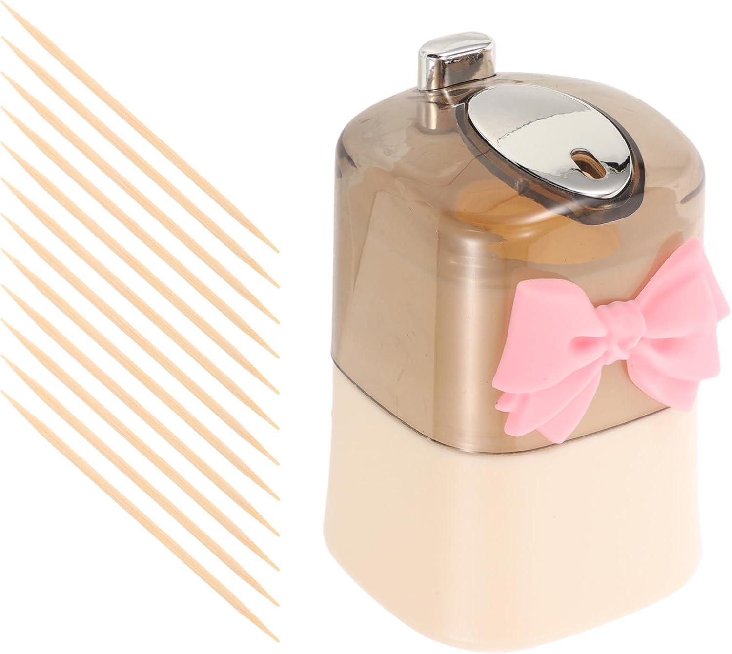 Automatic Toothpick Dispenser with 180 Toothpicks Cream Color for Home and Restaurant Pop-up Kitchen Gadget Storage Box with Decorative Bow Design