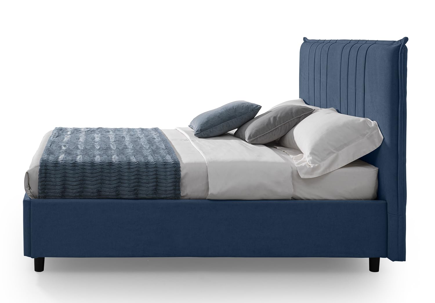 EVERGREENWEB Letto Matrimoniale con Contenitore Salvaspazio 160x190 cm, Testiera in Tessuto Blu Imbottita, Struttura Rinforzata Facile da Montare, Rete a Doghe in Legno, Design Moderno, BILBAO