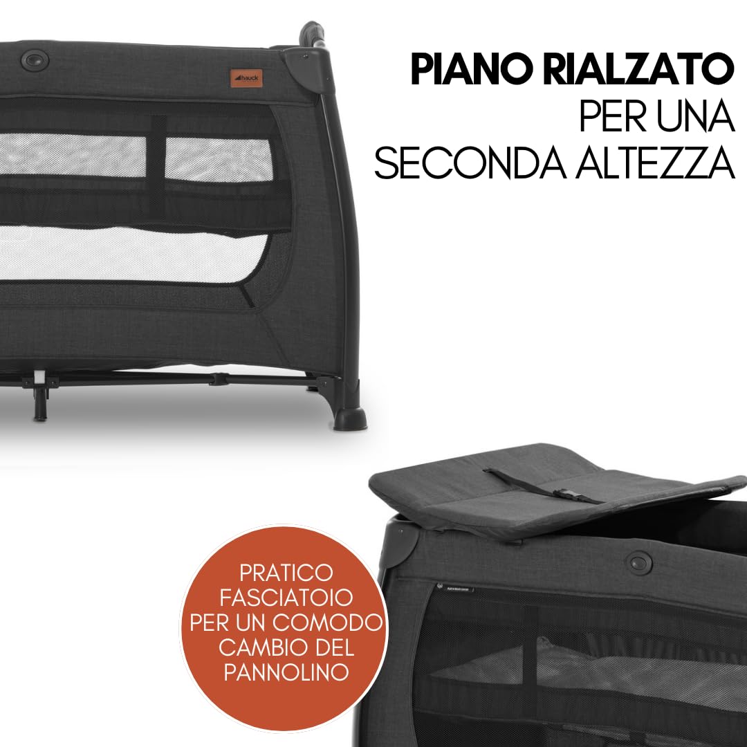 hauck Lettino Da Viaggio Play N Relax Center Set con Materasso Comfort e Zanzariera - Culla Neonato 120x60cm con 2 Livello, Fasciatoio, Borsa e Apertura - (Apertura laterale, Nero melange)