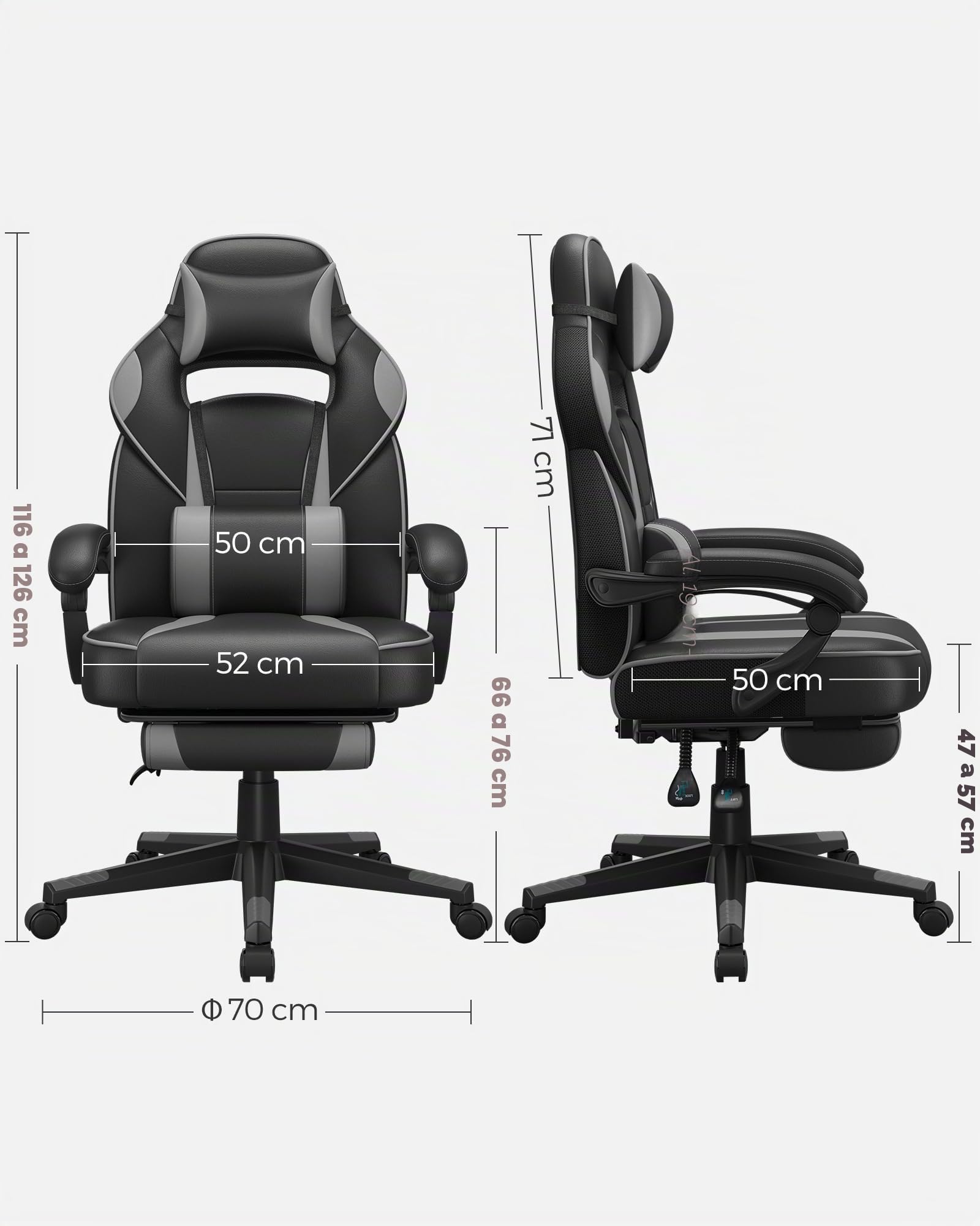 SONGMICS Silla de Oficina, Silla Gaming Ergonómica, con Reposapiés Telescópico, Respaldo Ajustable, Reposacabezas y Soporte Lumbar, Carga de 150 kg, Negro Tinta y Gris Paloma OBG073B03