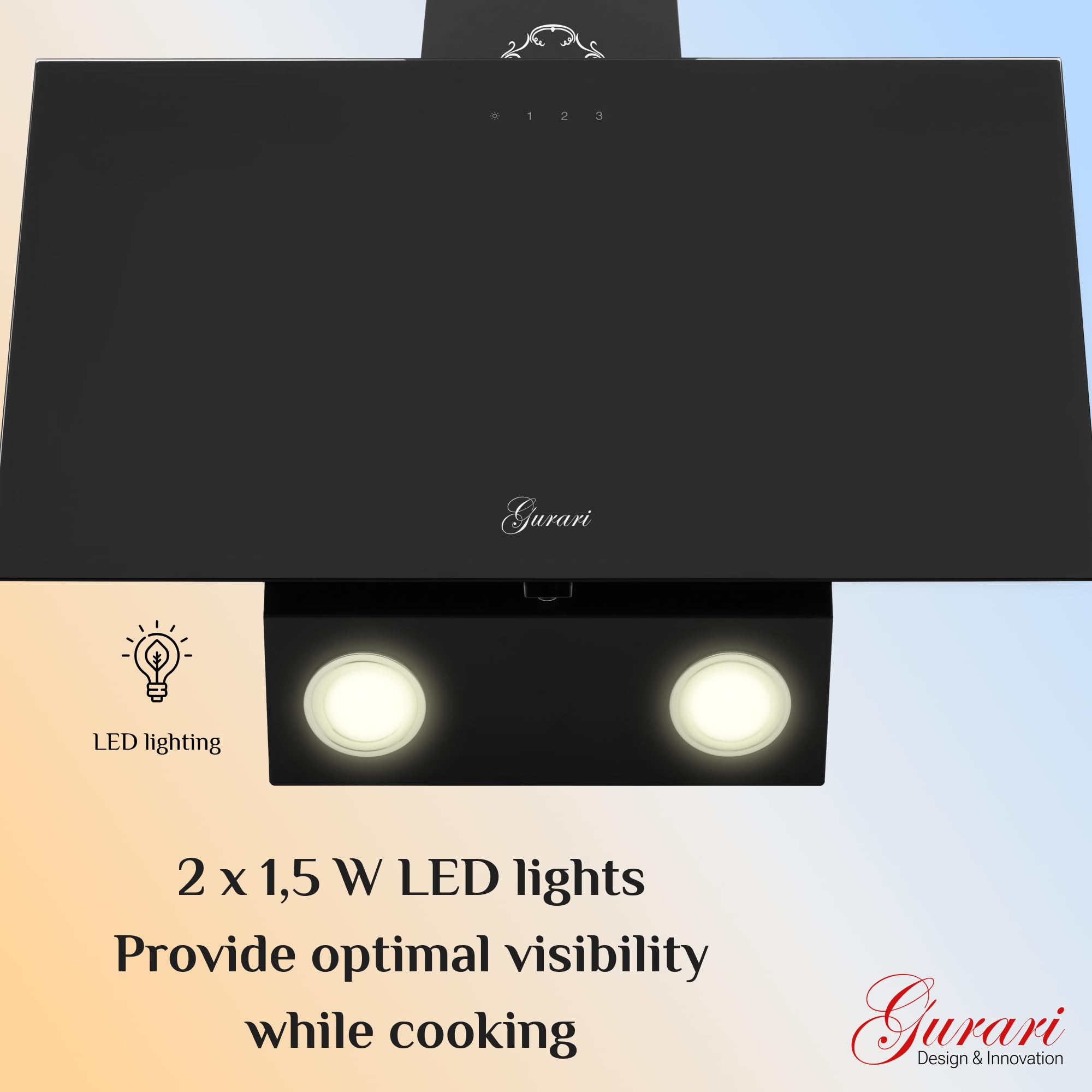 Gurari Cappa Aspirante 90 cm a Parete GCH D 286 Vetro Nero | Design Senza Testa e Inclinato | Motore 1000 m³/h | TouchControl, Telecomando Incluso | LED | Timer | Filtro Lavabile | Scarico e Ricircolo