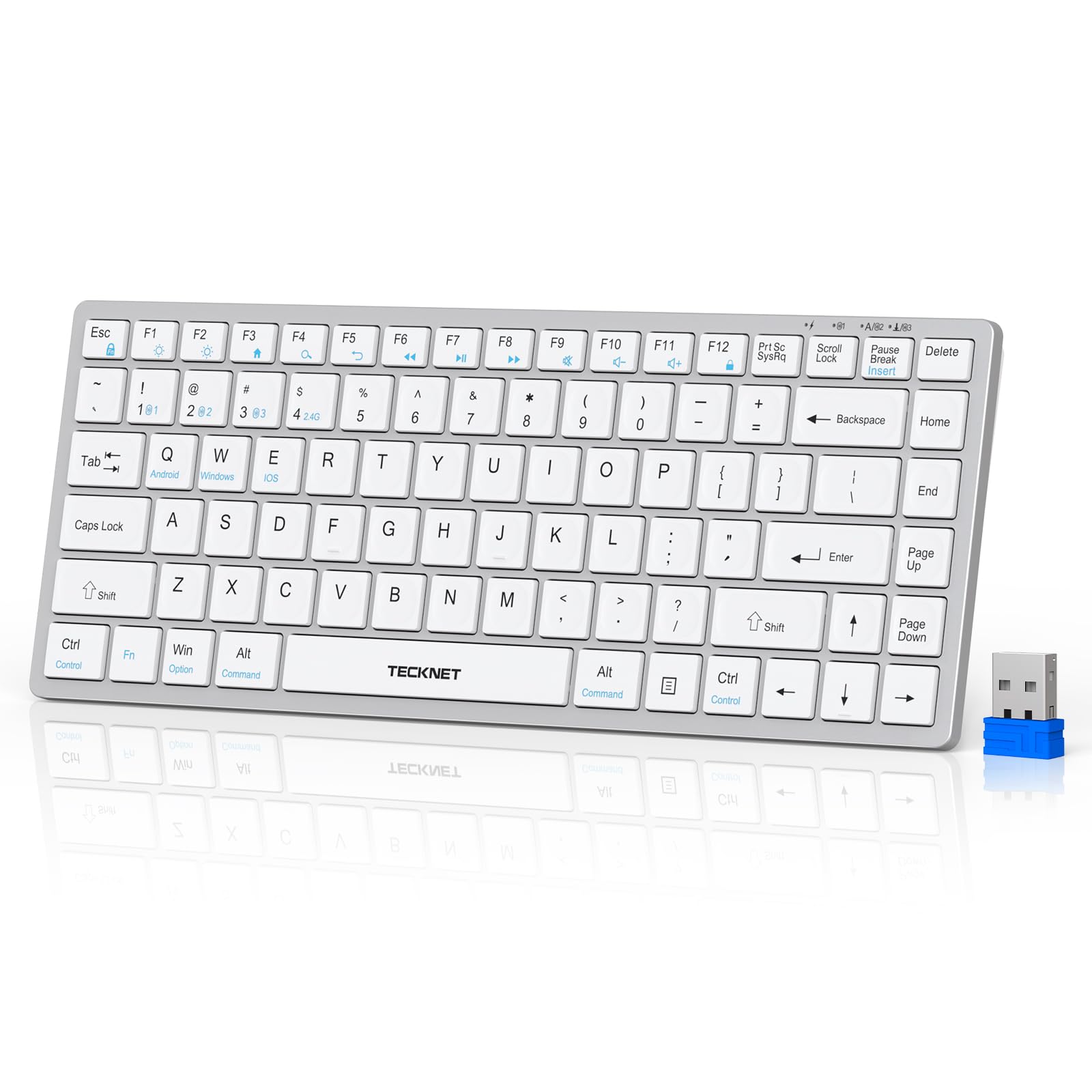 TECKNET Bluetooth Keyboard Rechargeable, 4-Device (2.4G+3BT) Small Keyboard | Wireless Ultra Slim Keyboard, 14 Hotkeys Computer Keyboard for PC/Laptop/Tablet/iPad, Silvery-white