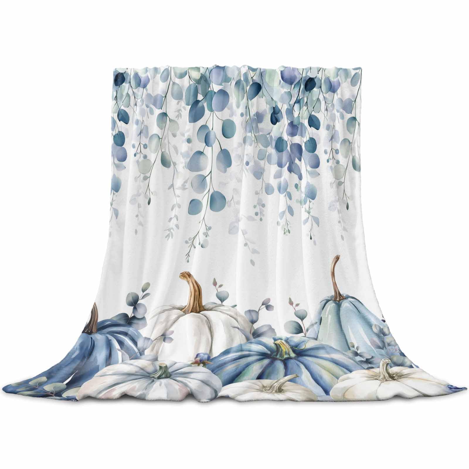 Blue Pumpkin Fall Blanket 50" x 60", Thanksgiving Eucalyptus Leaves Flannel Fleece Microfiber Cozy Soft Throws for Women, Farmhouse Botanical