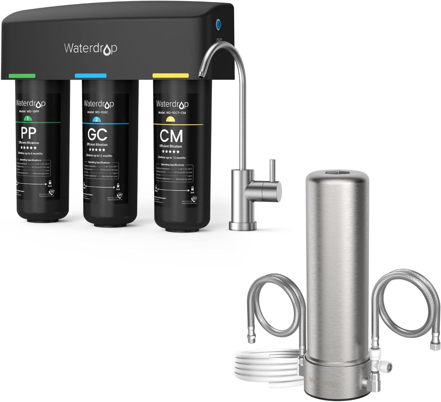 Waterdrop TSB-CM + AP13 Under Sink Water Filter and Refrigerator Water Filter 2-in-1 Under Sink Water Filter System Reduce Chloramine NSF/ANSI 42 Certified Element, Reduces Chloramine-Bundle