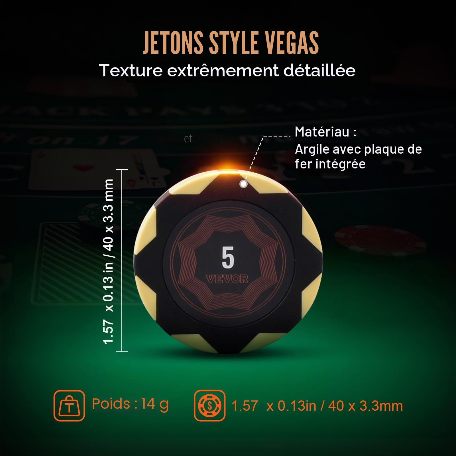 VEVOR Mallette de Poker 500 Jetons de Poker en Argile et ABS 14 g 40x3,3 mm avec 2 Jeux de Cartes Texas Hold'em 1 Bouton de Croupier et 2 Boutons Blind pour Blackjack Jeux de Hasard Casino à Domicile