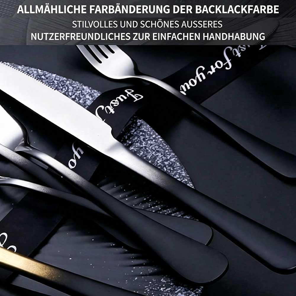 6 Personen Besteck Set 30-teilig, 304 Edelstahl, Matt-Schwarz Griff, Hochglanzpoliert Silber