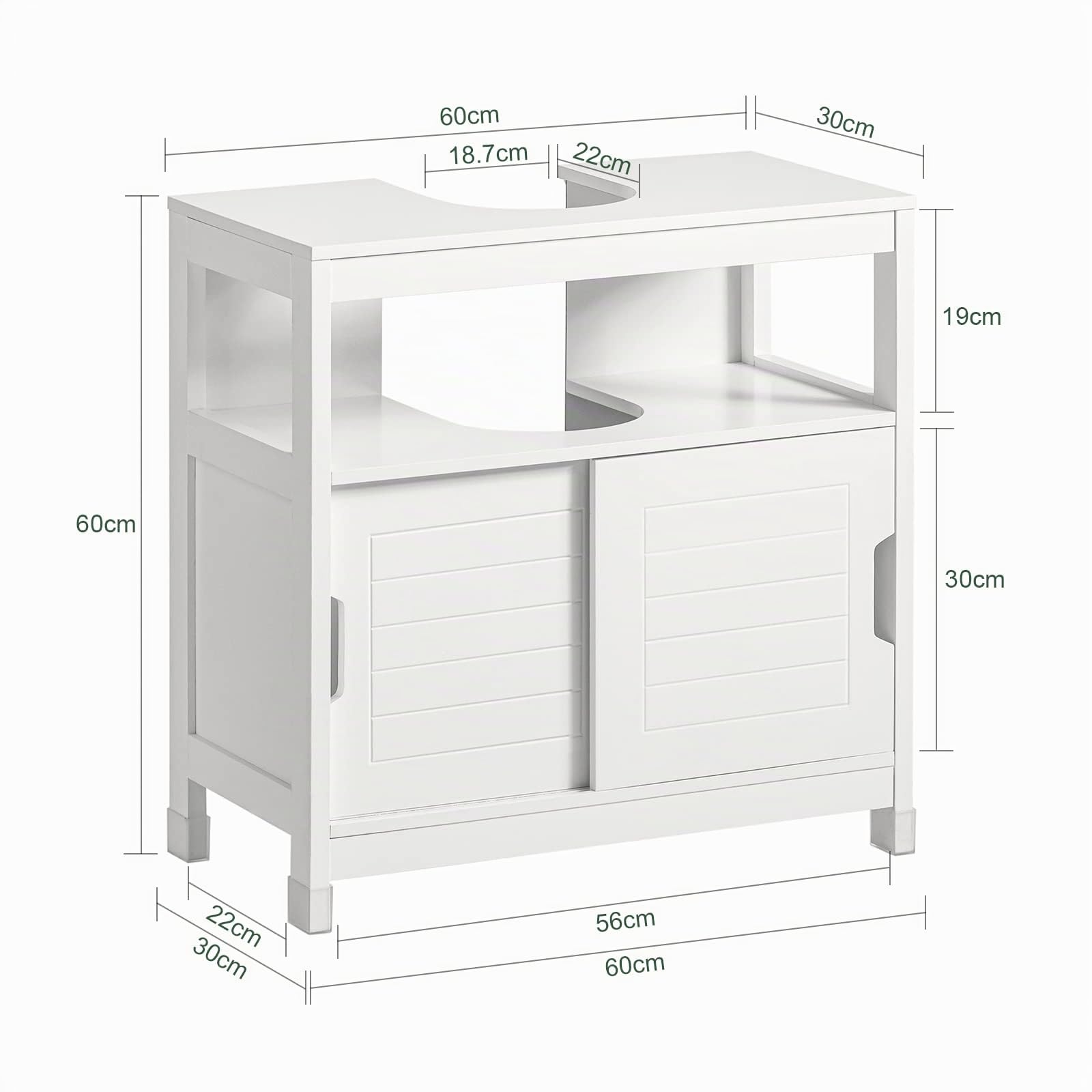 SoBuy Meuble sous Lavabo Salle de Bain avec 2 Portes Coulissantes Silencieuses, Meuble sous Lavabo, Rangement Optimisé pour Petite Surface, Anti-Humidité, Bois, Blanc, L60xP30xH60cm, FRG128-II-W