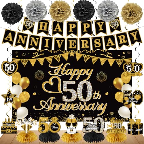 Turypaty Happy 50th Anniversary Decorations Kit, Black Gold 50th Wedding Anniversary Party Supplies - Large Happy Banner Backdrop, Table Centerpieces, Hanging Swirls, Paper Pompoms