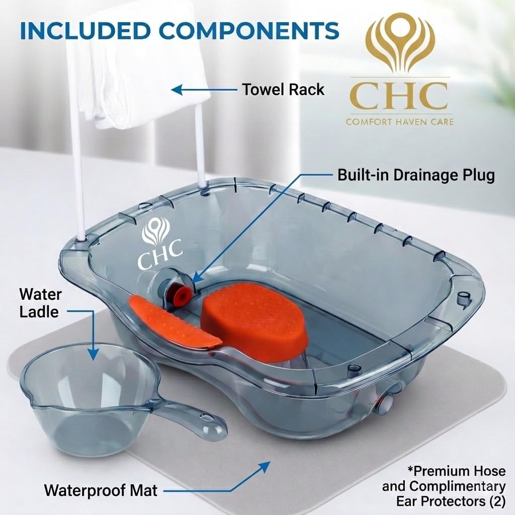 Hair Washing Basin – Premium Portable Shampoo Bowl with Waterproof Mat & Towel Hanger for Elderly, Pregnant Women, Injured, Bedridden or Post-Surgery Patients, Gentle Bedside Hair Care (USA Edition)