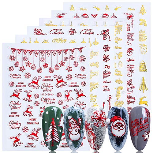 3D Christmas Nail Art Stickers Gold Red Self-Adhesive Winter Nail Decals Fingernail Decorations 6 Sheets Xmas Tree Reindeer Santa Claus Snowman Nail Sticker Supplies Manicure DIY Tips Decor