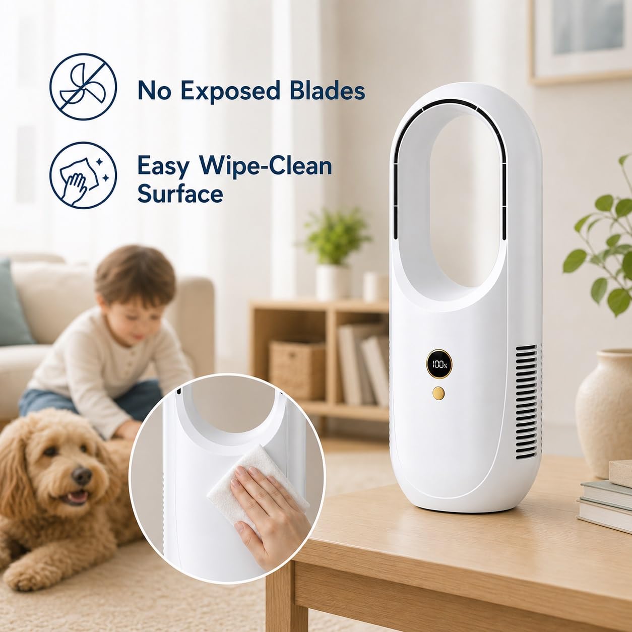 Ventilatore a Torre Senza Lama da 12 Pollici con Oscillazione di 80° | Finitura elettrolitica, uso in camera da letto e scrivania, ricaricabile tramite USB, 6 velocità(White)